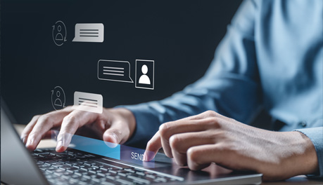 person using computer chat icons as overlay