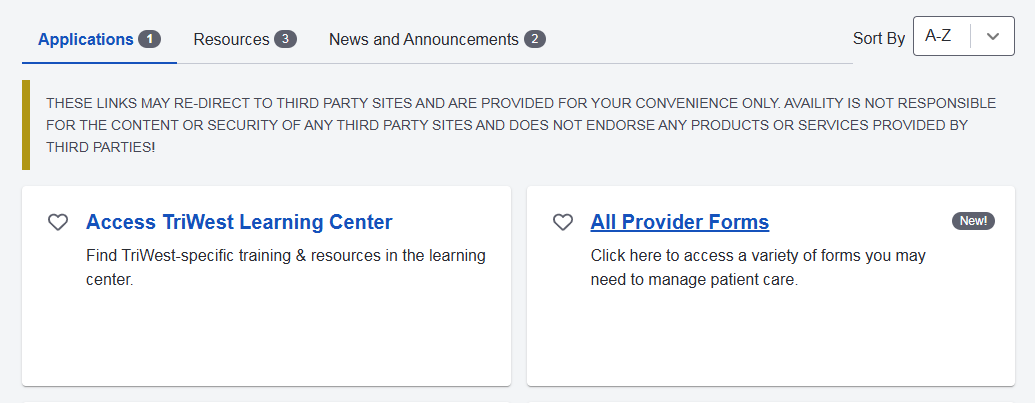 screenshot of Availity screen with links to TriWest Learning Center and Provider Forms