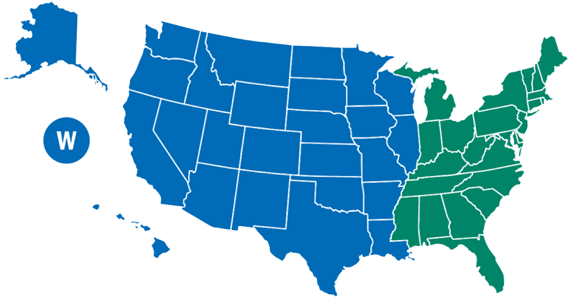 Map showing United States highlighting states west of Mississippi River, plus Wisconsin, Illinois, Alaska, and Hawaii